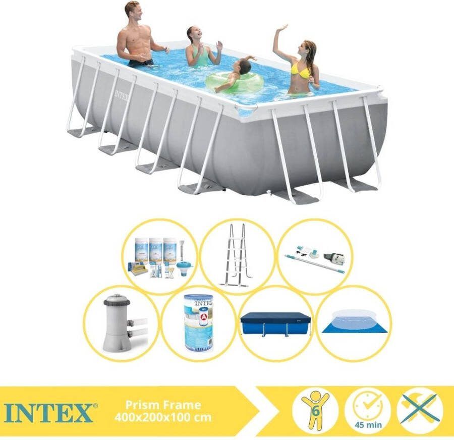 Intex Prism Frame Zwembad Opzetzwembad 400x200x100 cm Inclusief Afdekzeil Onderhoudspakket Filter Grondzeil en Stofzuiger