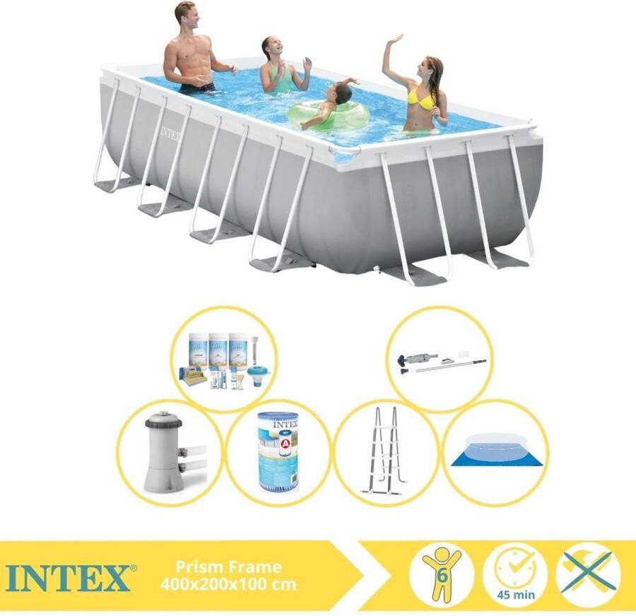 Intex Prism Frame Zwembad Opzetzwembad 400x200x100 cm Inclusief Onderhoudspakket Filter Grondzeil en Stofzuiger
