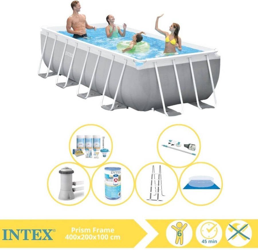 Intex Prism Frame Zwembad Opzetzwembad 400x200x100 cm Inclusief Onderhoudspakket Filter Grondzeil en Stofzuiger