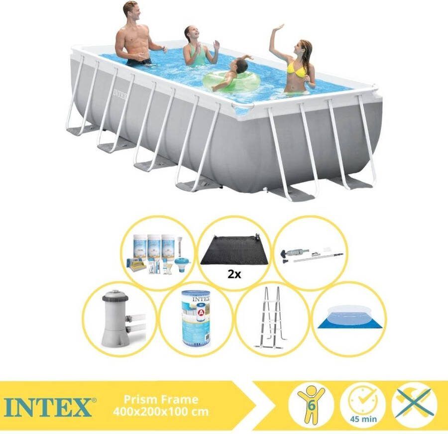 Intex Prism Frame Zwembad Opzetzwembad 400x200x100 cm Inclusief Onderhoudspakket Filter Grondzeil Stofzuiger en Solar Mat