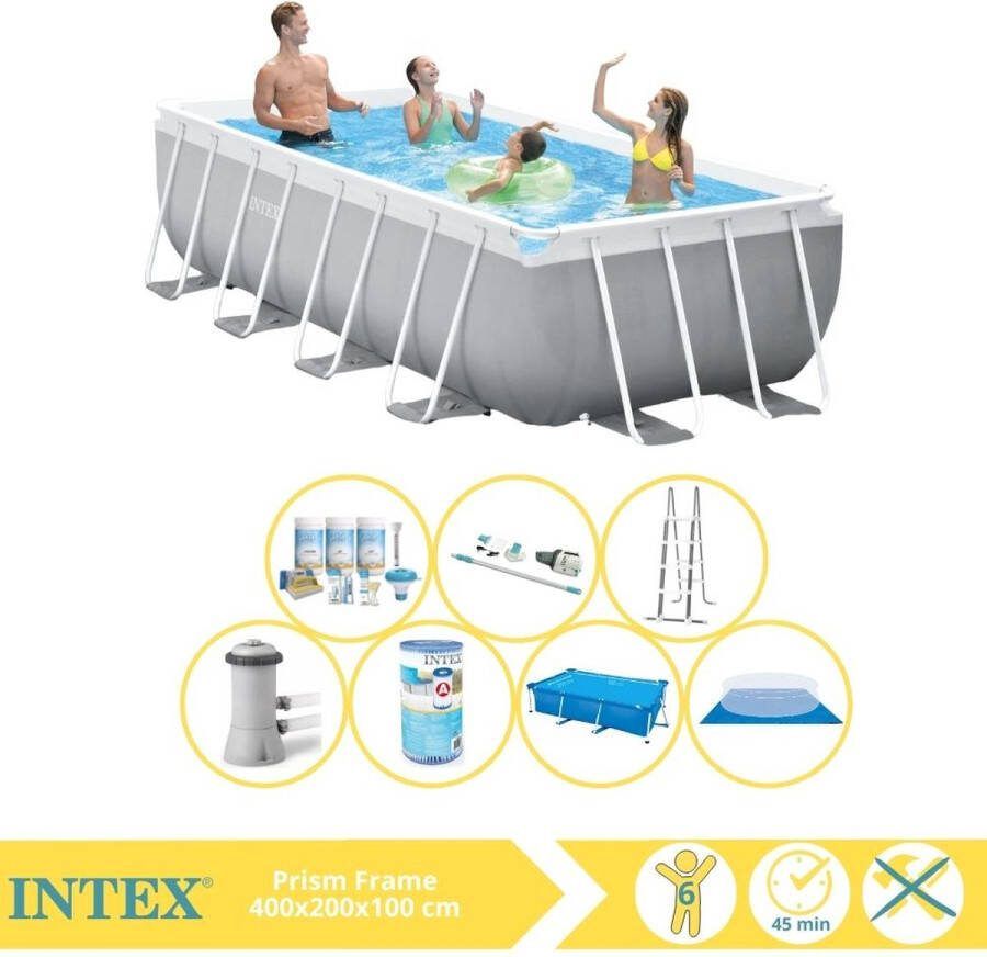 Intex Prism Frame Zwembad Opzetzwembad 400x200x100 cm Inclusief Solarzeil Onderhoudspakket Filter Grondzeil en Stofzuiger