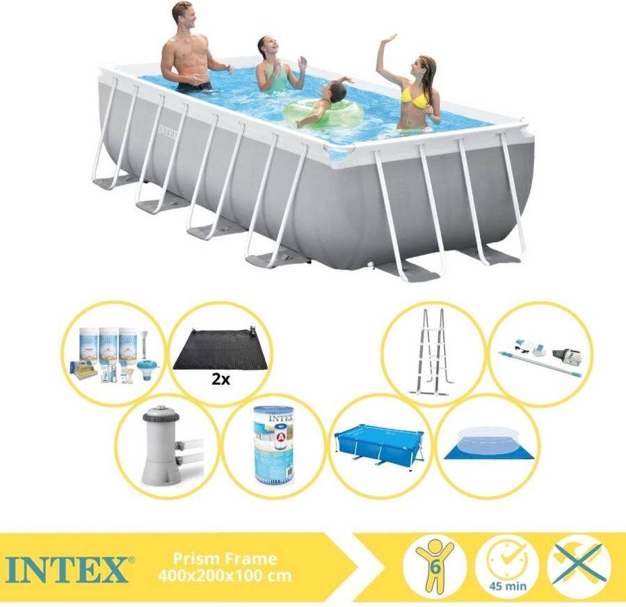 Intex Prism Frame Zwembad Opzetzwembad 400x200x100 cm Inclusief Solarzeil Onderhoudspakket Filter Grondzeil Stofzuiger en Solar Mat