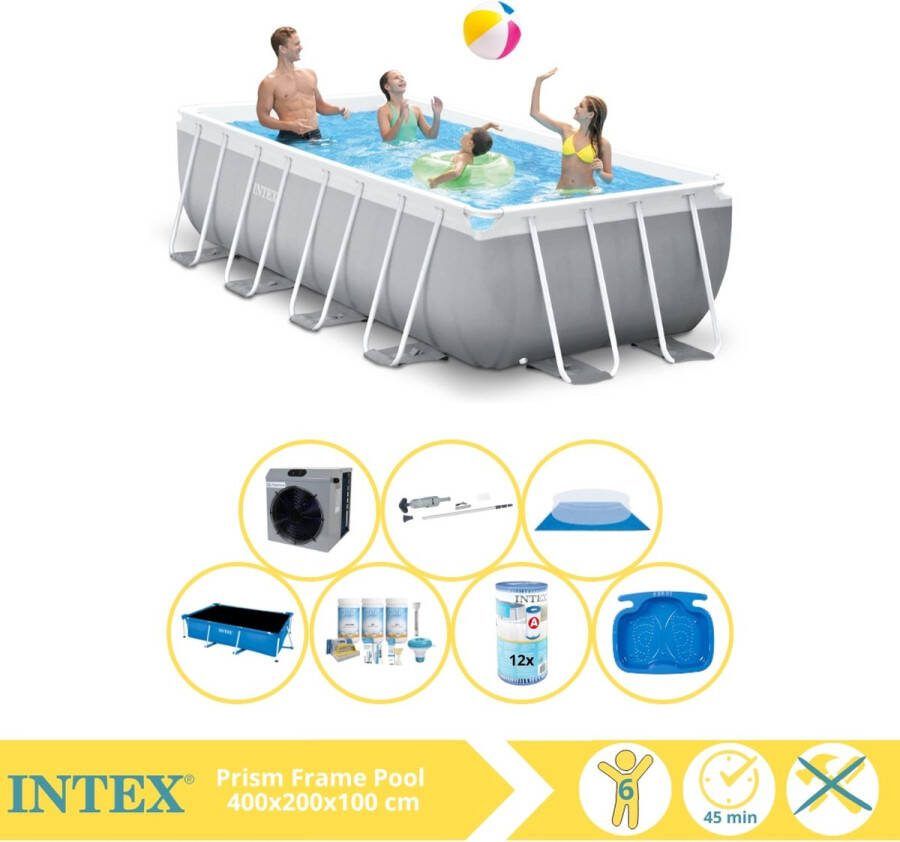 Intex Prism Frame Zwembad Opzetzwembad 400x200x100 cm Inclusief Solarzeil Onderhoudspakket Filter Grondzeil Stofzuiger Voetenbad en Warmtepomp CP