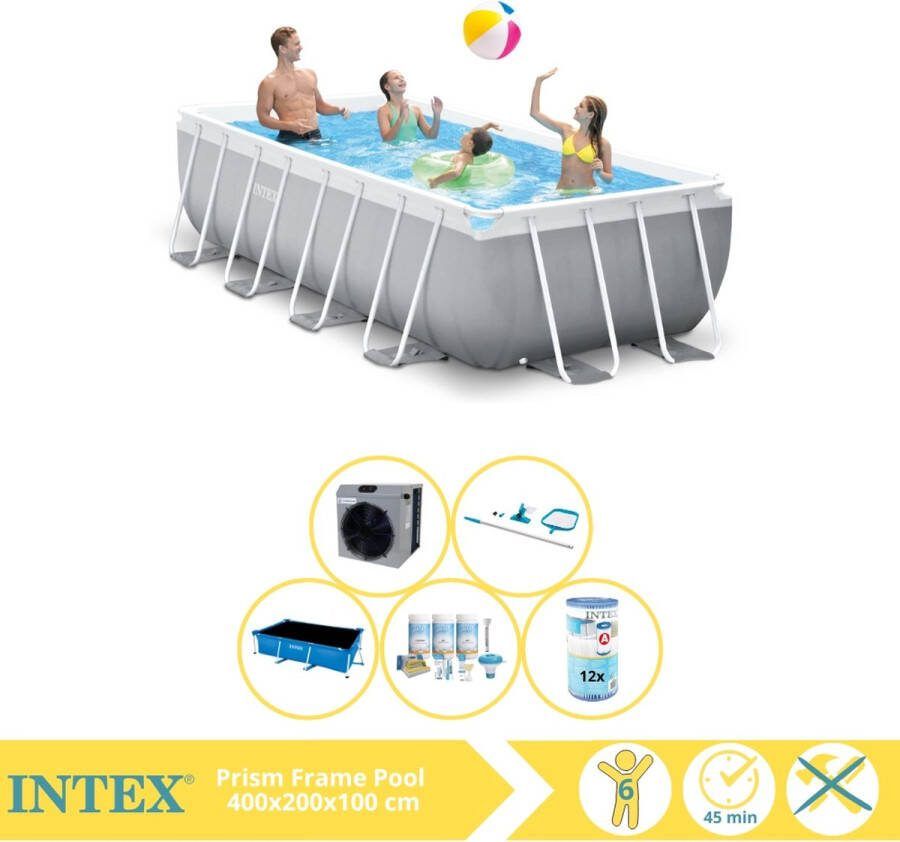 Intex Prism Frame Zwembad Opzetzwembad 400x200x100 cm Inclusief Solarzeil Onderhoudspakket Filter Onderhoudsset en Warmtepomp CP