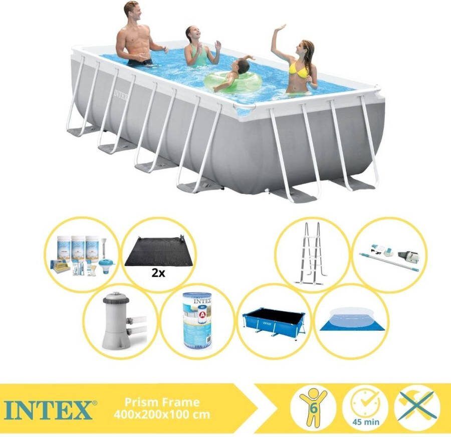 Intex Prism Frame Zwembad Opzetzwembad 400x200x100 cm Inclusief Solarzeil Pro Onderhoudspakket Filter Grondzeil Stofzuiger en Solar Mat