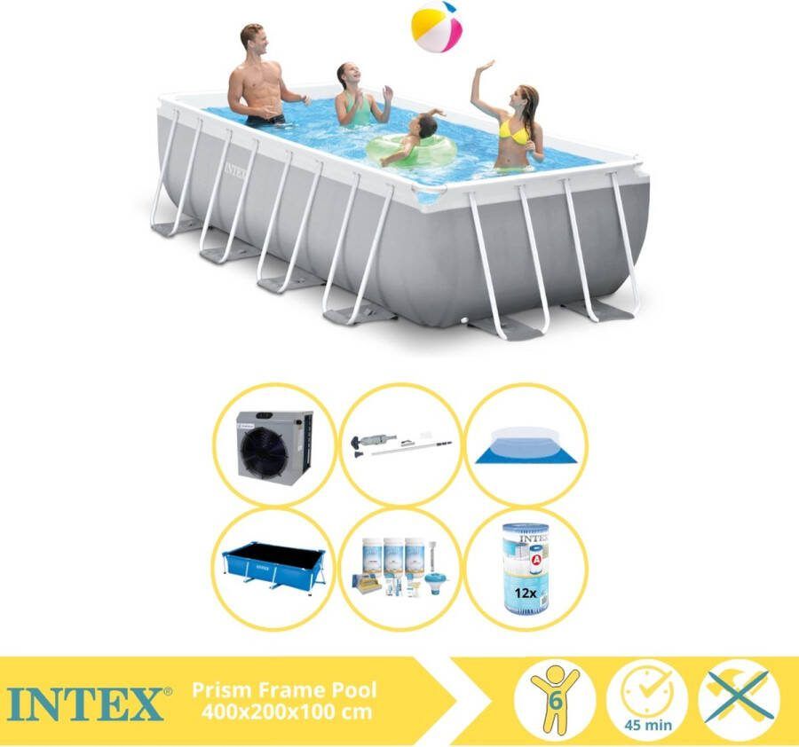Intex Prism Frame Zwembad Opzetzwembad 400x200x100 cm Inclusief Solarzeil Pro Onderhoudspakket Filter Grondzeil Stofzuiger en Warmtepomp CP