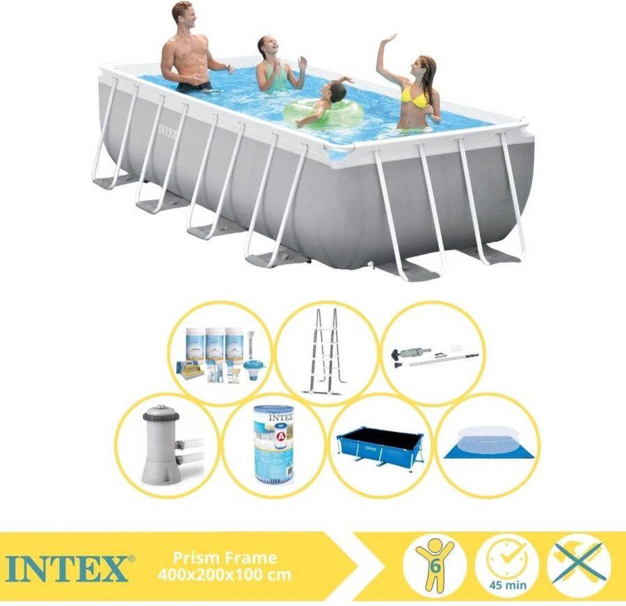Intex Prism Frame Zwembad Opzetzwembad 400x200x100 cm Inclusief Solarzeil Pro Onderhoudspakket Filter Grondzeil Onderhoudsset Voetenbad en Warmtepomp CP