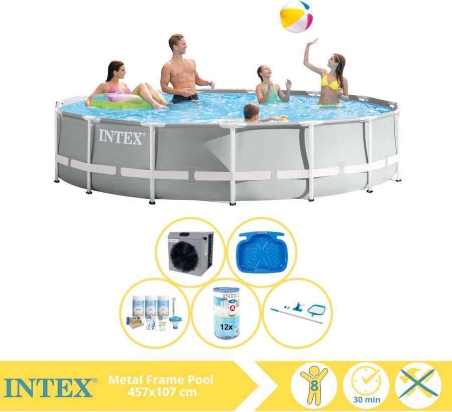 Intex Prism Frame Zwembad Opzetzwembad 457x107 cm Inclusief Onderhoudspakket Filter Onderhoudsset Voetenbad en Warmtepomp CP