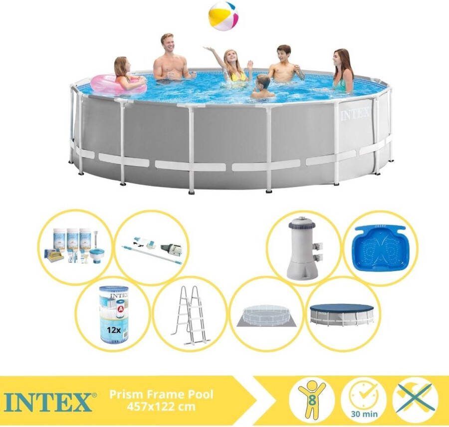 Intex Prism Frame Zwembad Opzetzwembad 457x122 cm Inclusief Onderhoudspakket Filter Stofzuiger en Voetenbad