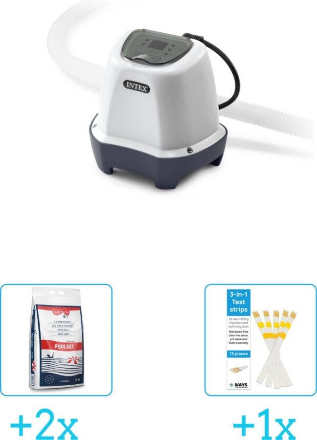 Intex QS200 zoutwatersysteem tot 8.327 liter inclusief Zwembadzout 15 kg. (2 stuks) & WAYS Testrips (1 stuks)