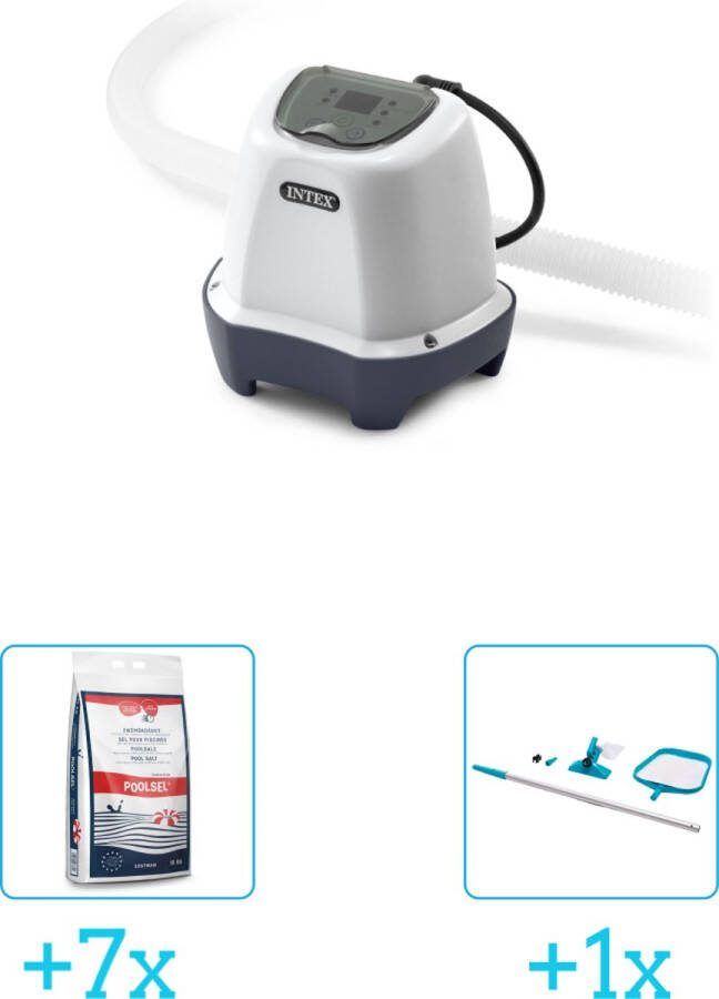 Intex QS200 zoutwatersysteem Zwembaden tot 8.327 liter inclusief Zwembadzout 15 kg. (7 stuks) & Onderhoudsset met telescoopsteel 2-delig 28002 (1 stuks)