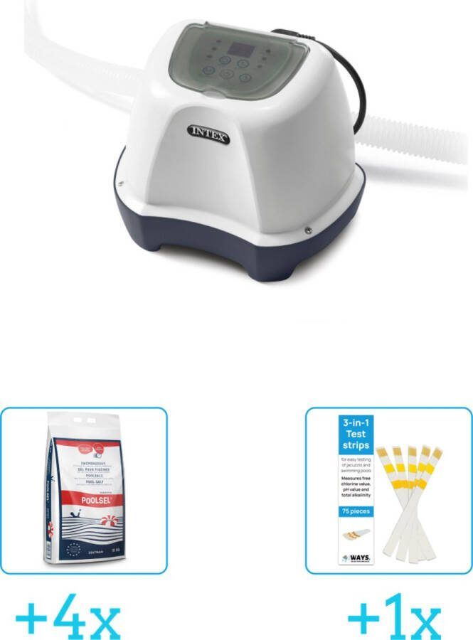Intex QS400 zoutwatersysteem tot 17.413 liter inclusief Zwembadzout 15 kg. (4 stuks) & WAYS Testrips (1 stuks)