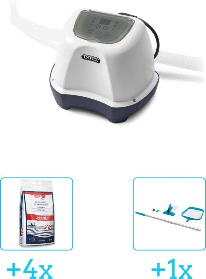 Intex QS400 zoutwatersysteem Zwembaden tot 17.413 liter inclusief Zwembadzout 15 kg. (4 stuks) & Onderhoudsset met telescoopsteel 2-delig 28002 (1 stuks)
