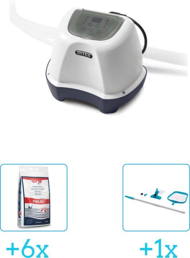 Intex QS400 zoutwatersysteem Zwembaden tot 17.413 liter inclusief Zwembadzout 15 kg. (6 stuks) & Onderhoudsset met telescoopsteel 2-delig 28002 (1 stuks)