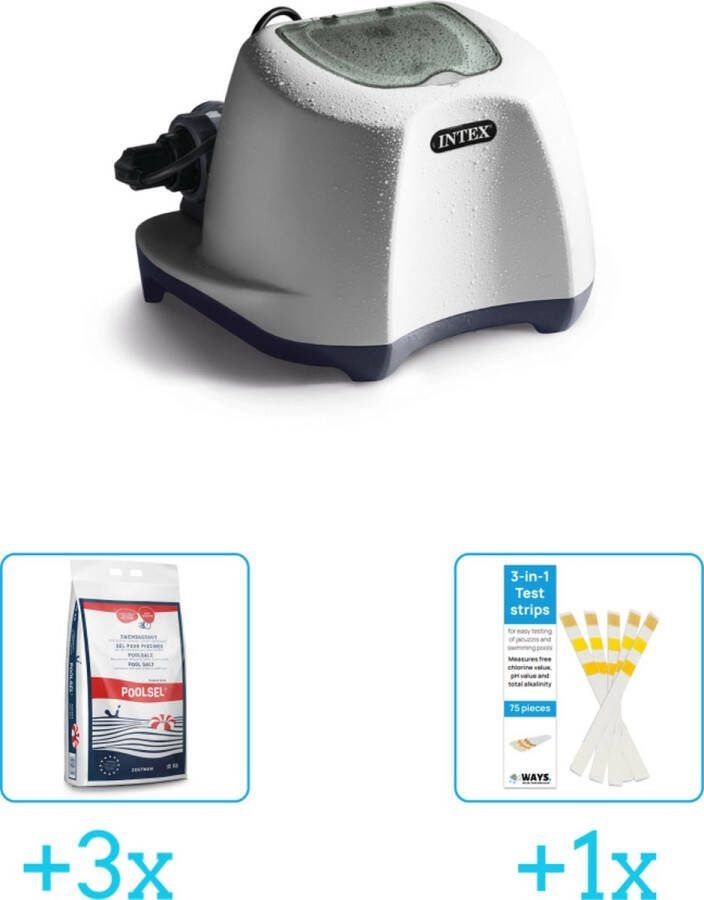 Intex QS500 zoutwatersysteem tot 26.500 liter inclusief Zwembadzout 15 kg. (3 stuks) & WAYS Testrips (1 stuks)