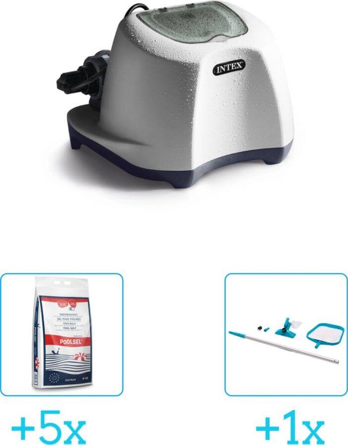 Intex QS500 zoutwatersysteem Zwembaden tot 26.500 liter inclusief Zwembadzout 15 kg. (5 stuks) & Onderhoudsset met telescoopsteel 2-delig 28002 (1 stuks)