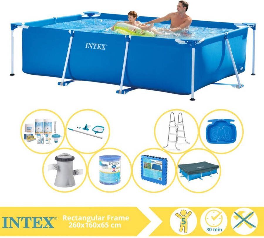 Intex Rectangular Frame Zwembad Opzetzwembad 260x160x65 cm Inclusief Afdekzeil Onderhoudspakket Zwembadpomp Filter Onderhoudsset Trap Voetenbad en Zwembadtegels