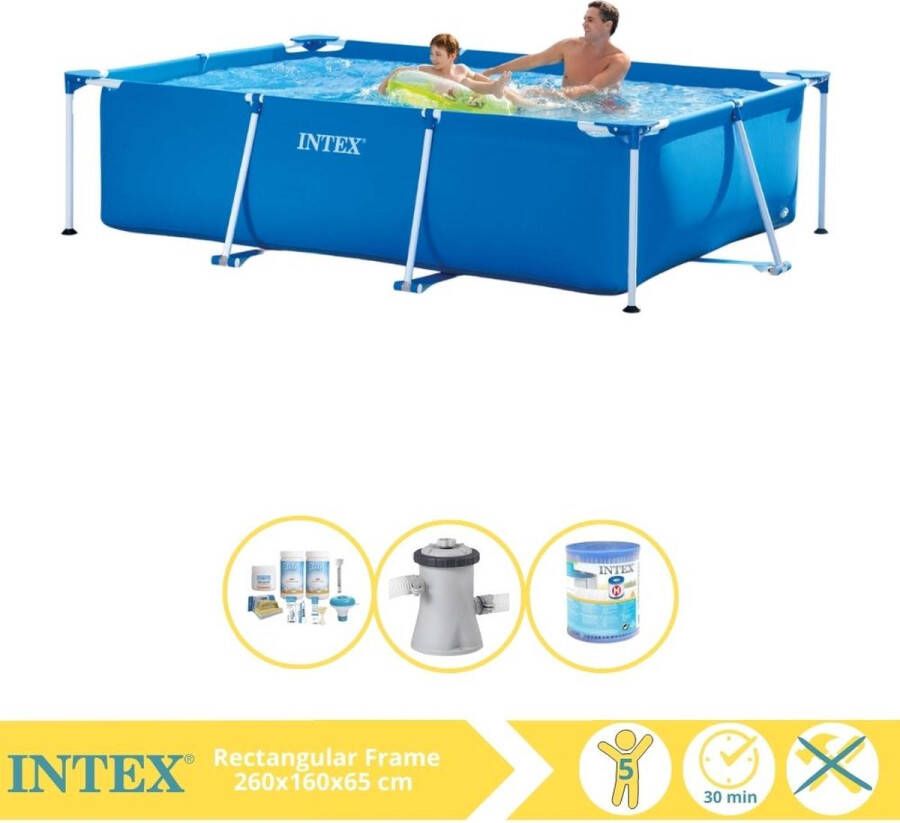 Intex Rectangular Frame Zwembad Opzetzwembad 260x160x65 cm Inclusief Onderhoudspakket Zwembadpomp en Filter