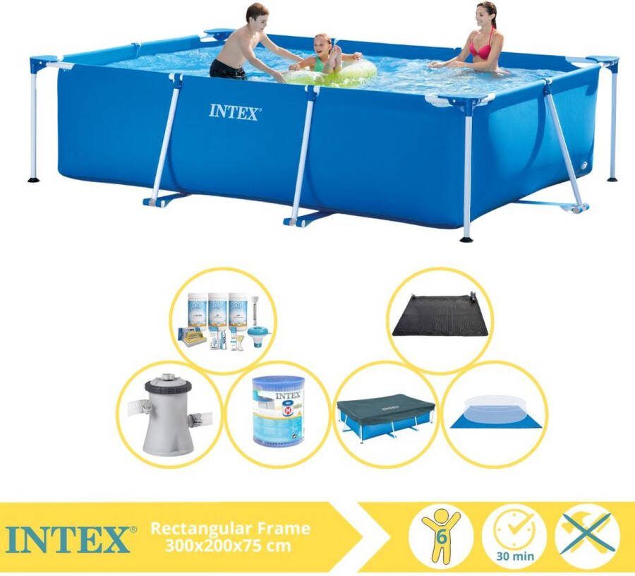 Intex Rectangular Frame Zwembad Opzetzwembad 300x200x75 cm Inclusief Afdekzeil Onderhoudspakket Zwembadpomp Filter Grondzeil en Solar Mat