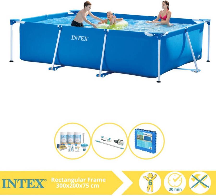 Intex Rectangular Frame Zwembad Opzetzwembad 300x200x75 cm Inclusief Onderhoudspakket Stofzuiger en Zwembadtegels