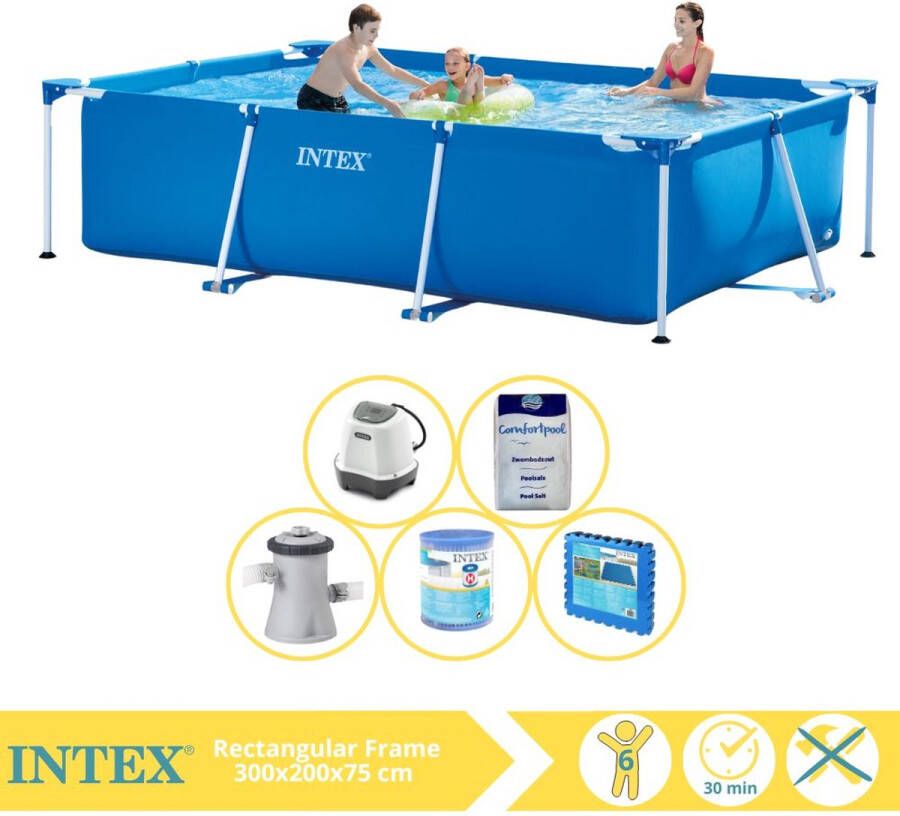 Intex Rectangular Frame Zwembad Opzetzwembad 300x200x75 cm Inclusief Zwembadpomp Filter Zoutsysteem Zout en Zwembadtegels