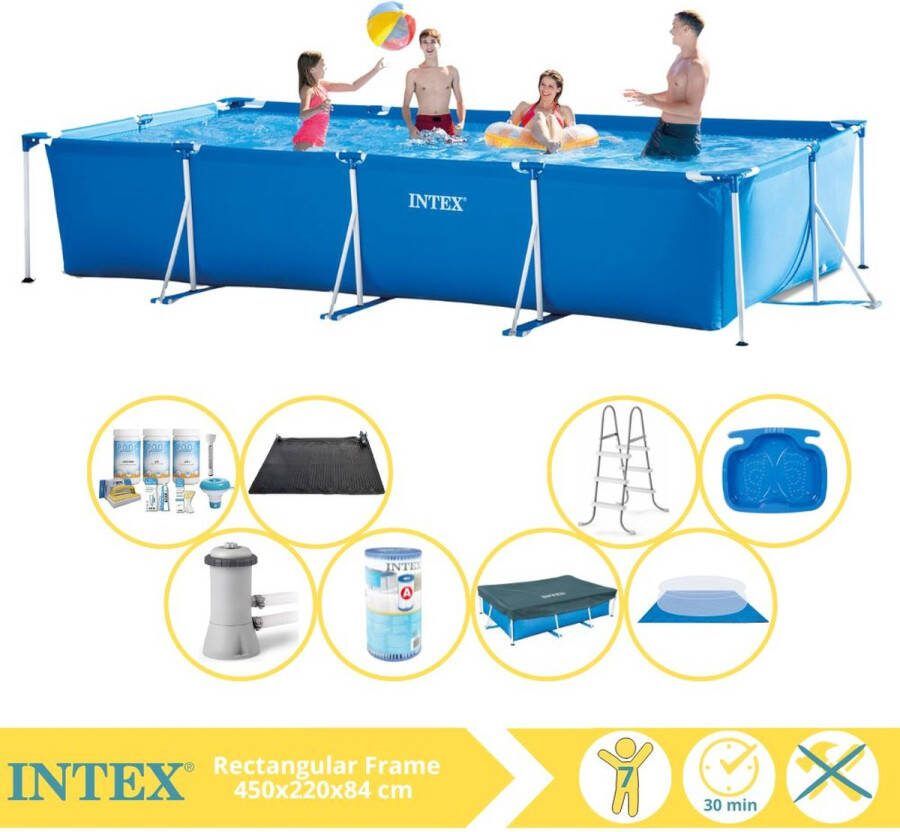 Intex Rectangular Frame Zwembad Opzetzwembad 450x220x84 cm Inclusief Afdekzeil Onderhoudspakket Filter Grondzeil Solar Mat Trap en Voetenbad