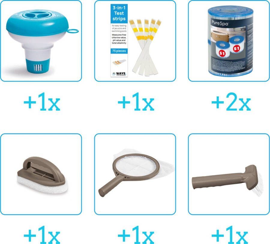 Intex Spa Onderhoudsset Startersset Onderhoud Spa bevat Schoonmaaksets Chloordrijver Testrips en Filters Spa Onderhoud Startersset Onderhoud voor Spa Geschikt voor alle type Spa's (4-delig)