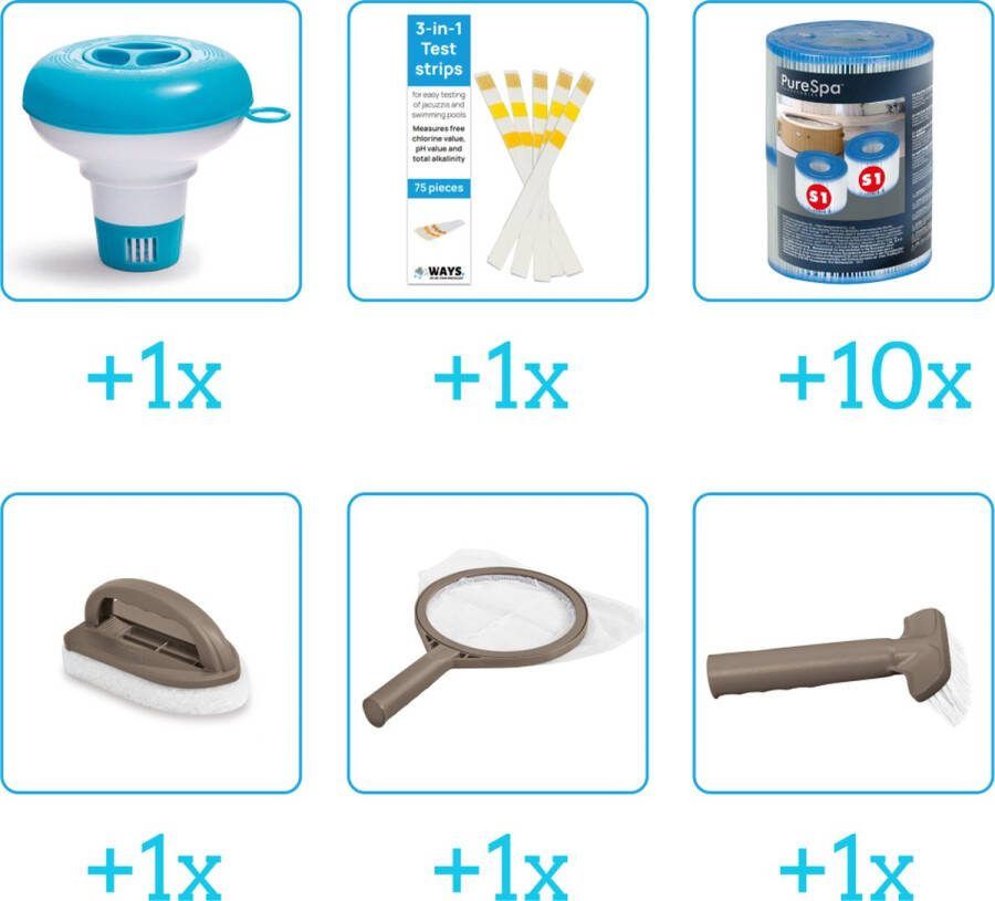 Intex Spa Onderhoudsset Startersset Onderhoud Spa bevat Schoonmaaksets Chloordrijver Testrips en Filters Spa Onderhoud Startersset Onderhoud voor Spa Geschikt voor alle type Spa's (4-delig)