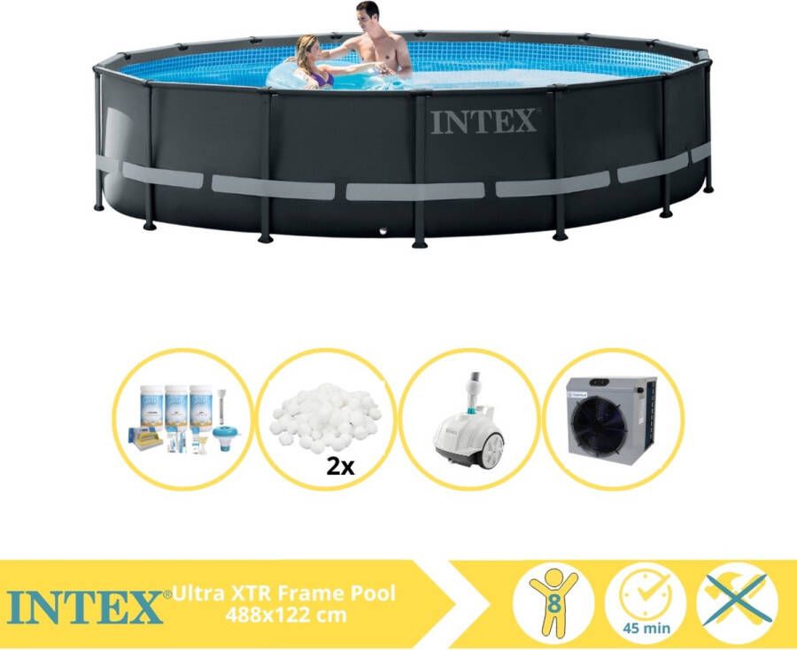 Intex Ultra XTR Frame Zwembad Opzetzwembad 488x122 cm Inclusief Onderhoudspakket Filterbollen Zwembad Stofzuiger en Voetenbad