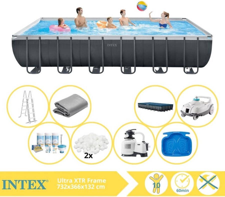 Intex Ultra XTR Frame Zwembad Opzetzwembad 732x366x132 cm Inclusief Onderhoudspakket Filterbollen Zwembad Stofzuiger en Voetenbad