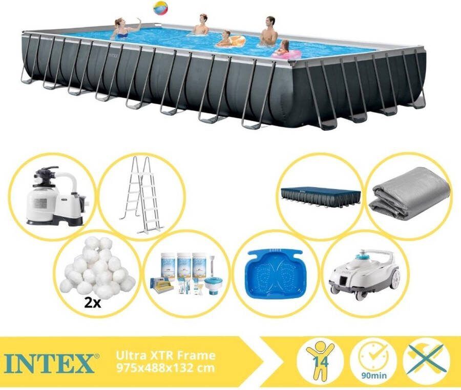 Intex Ultra XTR Frame Zwembad Opzetzwembad 975x488x132 cm Inclusief Onderhoudspakket Filterbollen Luxe Zwembad Stofzuiger en Voetenbad