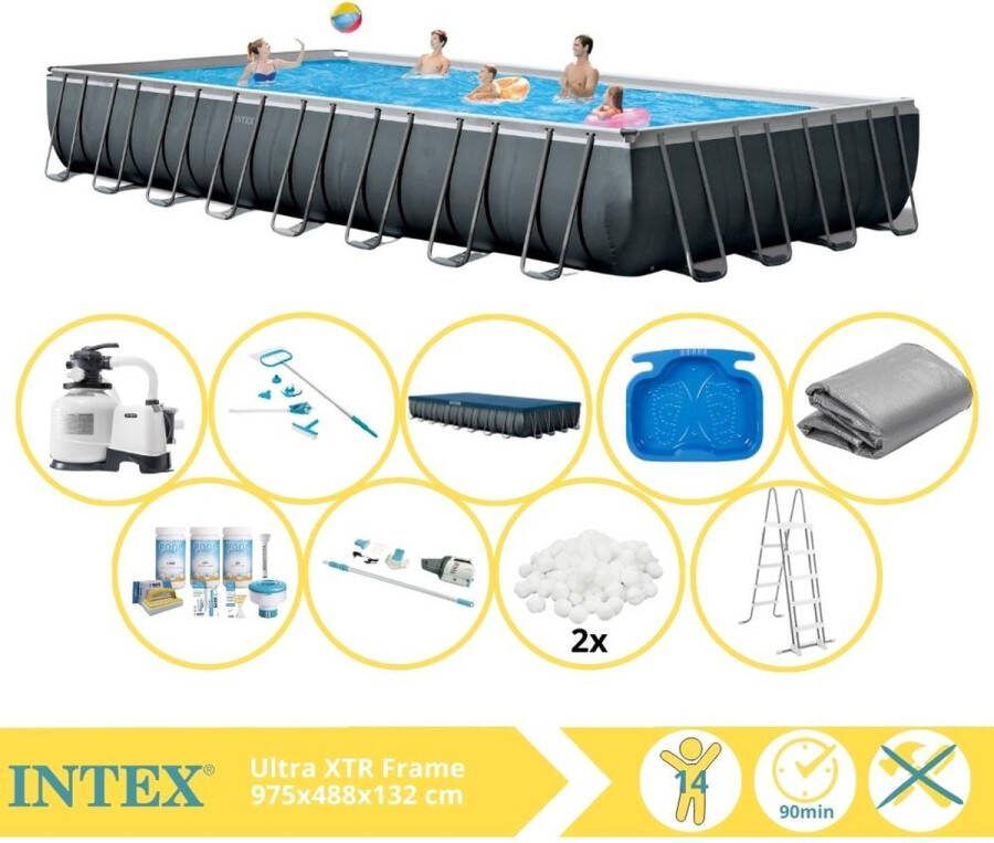 Intex Ultra XTR Frame Zwembad Opzetzwembad 975x488x132 cm Inclusief Onderhoudspakket Filterbollen Onderhoudsset Stofzuiger en Voetenbad