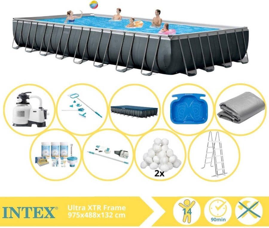 Intex Ultra XTR Frame Zwembad Opzetzwembad 975x488x132 cm Inclusief Onderhoudspakket Filterbollen Onderhoudsset Stofzuiger en Voetenbad