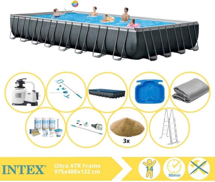 Intex Ultra XTR Frame Zwembad Opzetzwembad 975x488x132 cm Inclusief Onderhoudspakket Filterzand Onderhoudsset Stofzuiger en Voetenbad