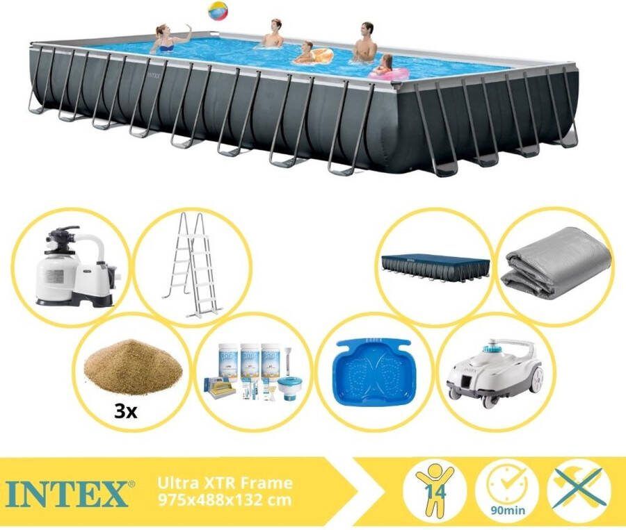 Intex Ultra XTR Frame Zwembad Opzetzwembad 975x488x132 cm Inclusief Onderhoudspakket Filterzand Zwembad Stofzuiger en Voetenbad