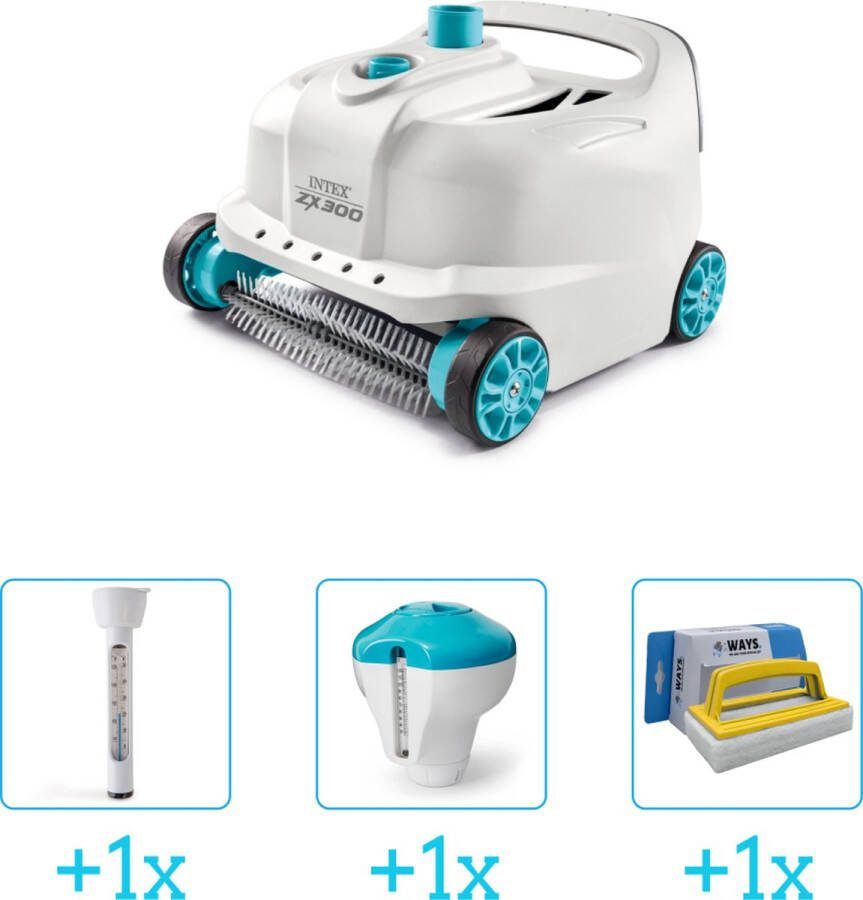 Intex Zwembadonderhoud Zwembad stofzuiger Deluxe ZX300 Automatisch 28005 inclusief Thermometer Chloordrijver en Scrubborstel 4-delig Geschikt voor alle type zwembaden Zwembadstofzuiger