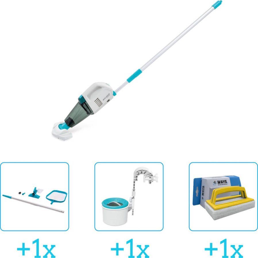 Intex Zwembadonderhoud Zwembad stofzuiger ZR100 Oplaadbaar Handmatig 28626 inclusief Schoonmaakset Skimmer en Scrubborstel 4-delig Ideaal voor zwembaden tot 549 m lengte Zwembadstofzuiger