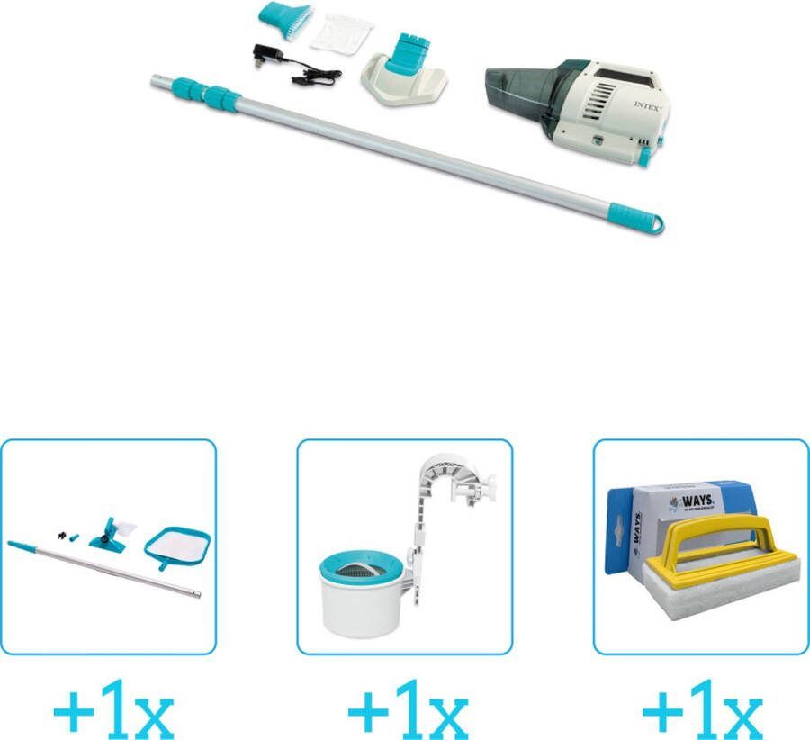 Intex Zwembadonderhoud Zwembad stofzuiger ZR200 Oplaadbaar Handmatig 28628 inclusief Schoonmaakset Skimmer en Scrubborstel 4-delig Geschikt voor alle type zwembaden Zwembadstofzuiger