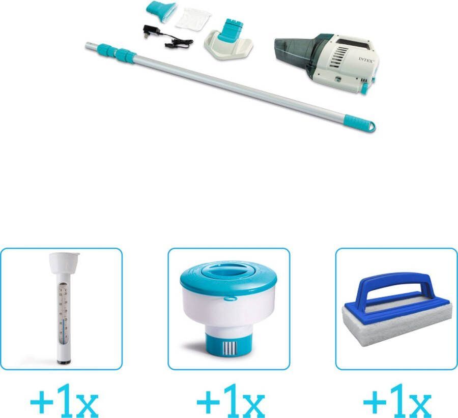 Intex Zwembadonderhoud Zwembad stofzuiger ZR200 Oplaadbaar Handmatig 28628 inclusief Thermometer Chloordrijver en Scrubborstel 4-delig Geschikt voor alle type zwembaden Zwembadstofzuiger