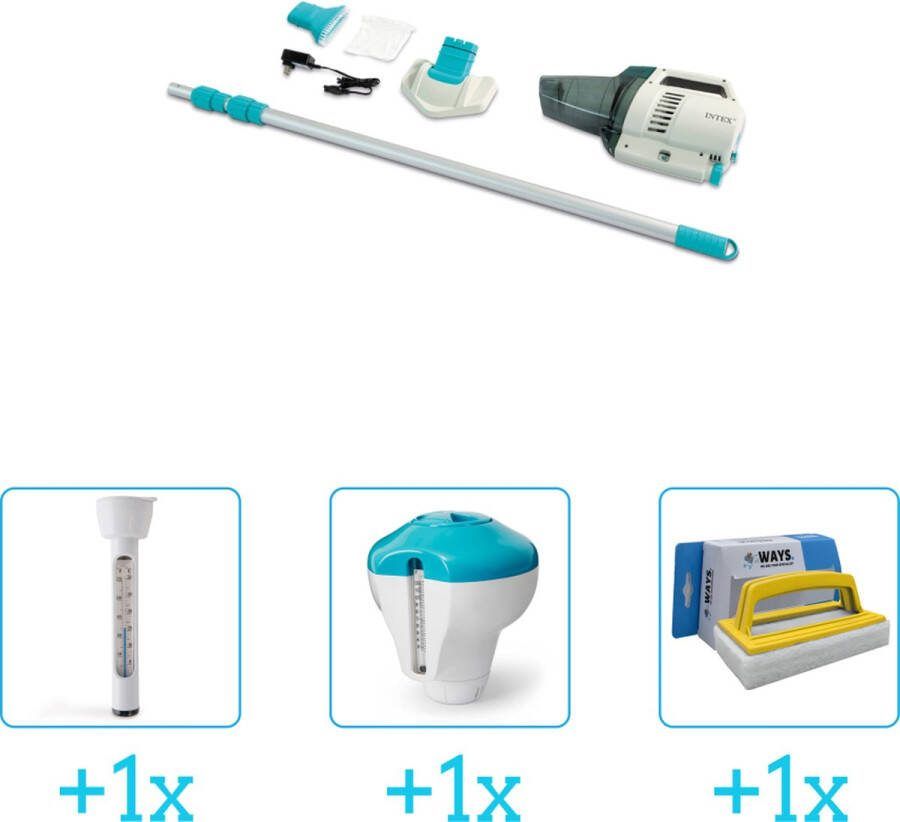 Intex Zwembadonderhoud Zwembad stofzuiger ZR200 Oplaadbaar Handmatig 28628 inclusief Thermometer Chloordrijver en Scrubborstel 4-delig Geschikt voor alle type zwembaden Zwembadstofzuiger