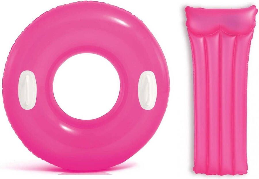 Intex Zwemband met handgrepen 76 cm + luchtbed 83 x 76 cm neon roze