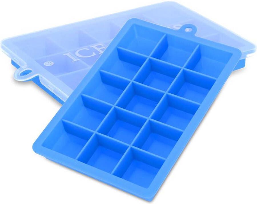 Intirilife 2 x ijsblokjesvormen in blauw – set van 2 à 15 vakken ijsblokjes siliconen vormen met deksel – flexibele ijsblokjeshouder afsluitbaar voor ijs babyvoeding en meer