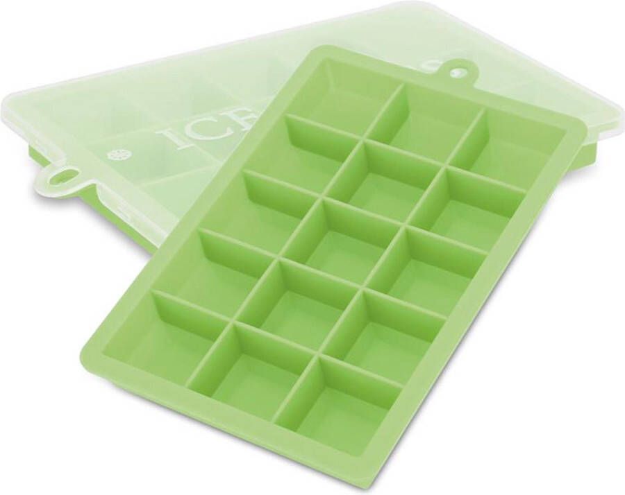 Intirilife 2 x ijsblokjesvormen in groen – set van 2 à 15 vakken ijsblokjes siliconen vormen met deksel – flexibele ijsblokjeshouder afsluitbaar voor ijs babyvoeding en meer
