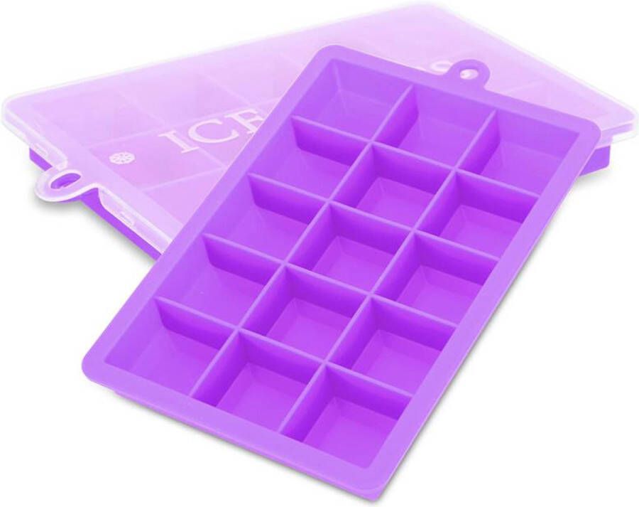 Intirilife 2 x ijsblokjesvormen in lila – set van 2 à 15 vakken ijsblokjesvormen met deksel – flexibele ijsblokjeshouder afsluitbaar voor ijs babyvoeding en meer