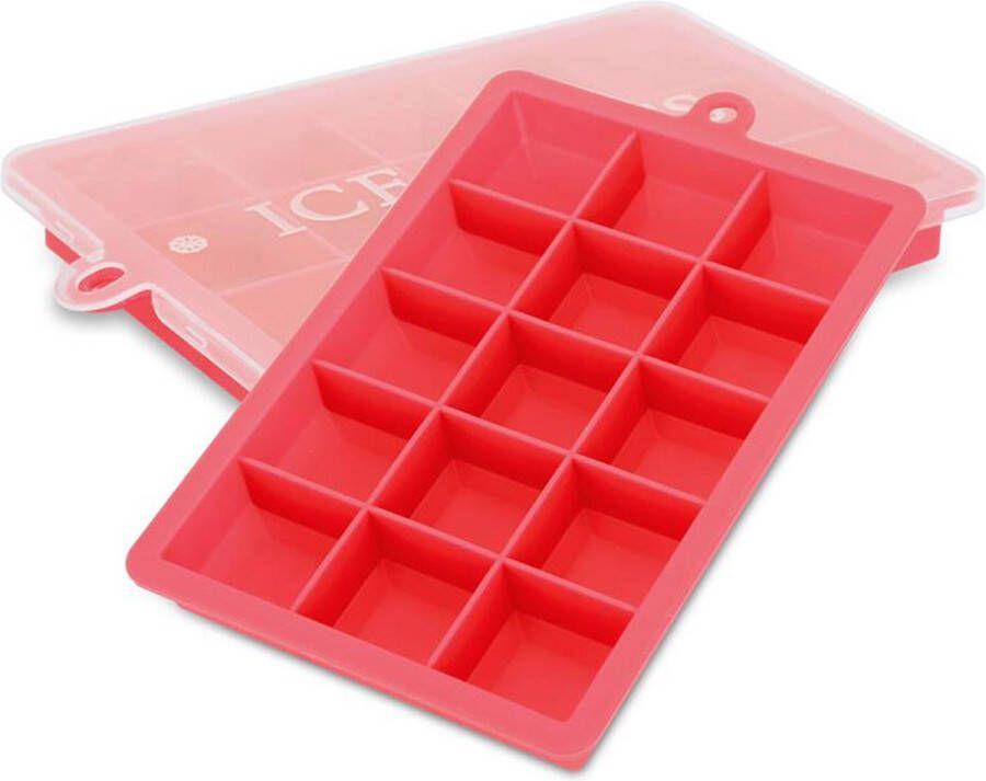 Intirilife 2 x ijsblokjesvormen in rood – set van 2 à 15 vakken ijsblokjes siliconen vormen met deksel – flexibele ijsblokjeshouder afsluitbaar voor ijs babyvoeding en meer