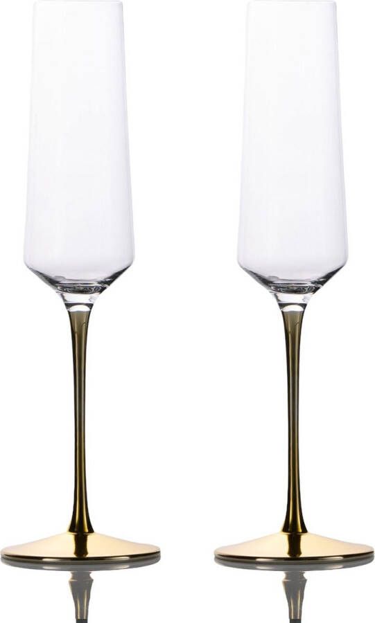 Intirilife 2x champagneglas met goudkleurige steel 200 ml inhoud champagne prosecco glas kristalglas schokbestendig