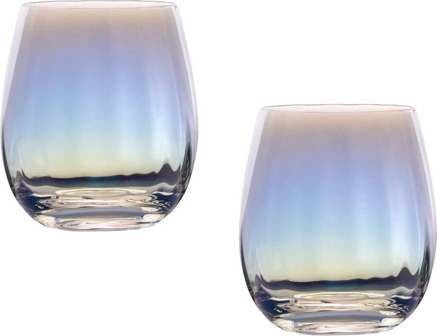 Intirilife 2x Drinkglas met Regenboog Glinstering en Golvende Vorm 380 ml Inhoud Water Sap Glas Vaatwasmachinebestendig Schokbestendig Kristalglas