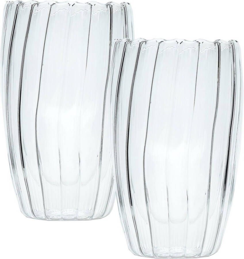 Intirilife 2x Dubbelwandig thermoglas Gestreepte stijl 350ml inhoud Mondgeblazen geïsoleerd voor latte macchiato als theeglas of koffieglas met handvat