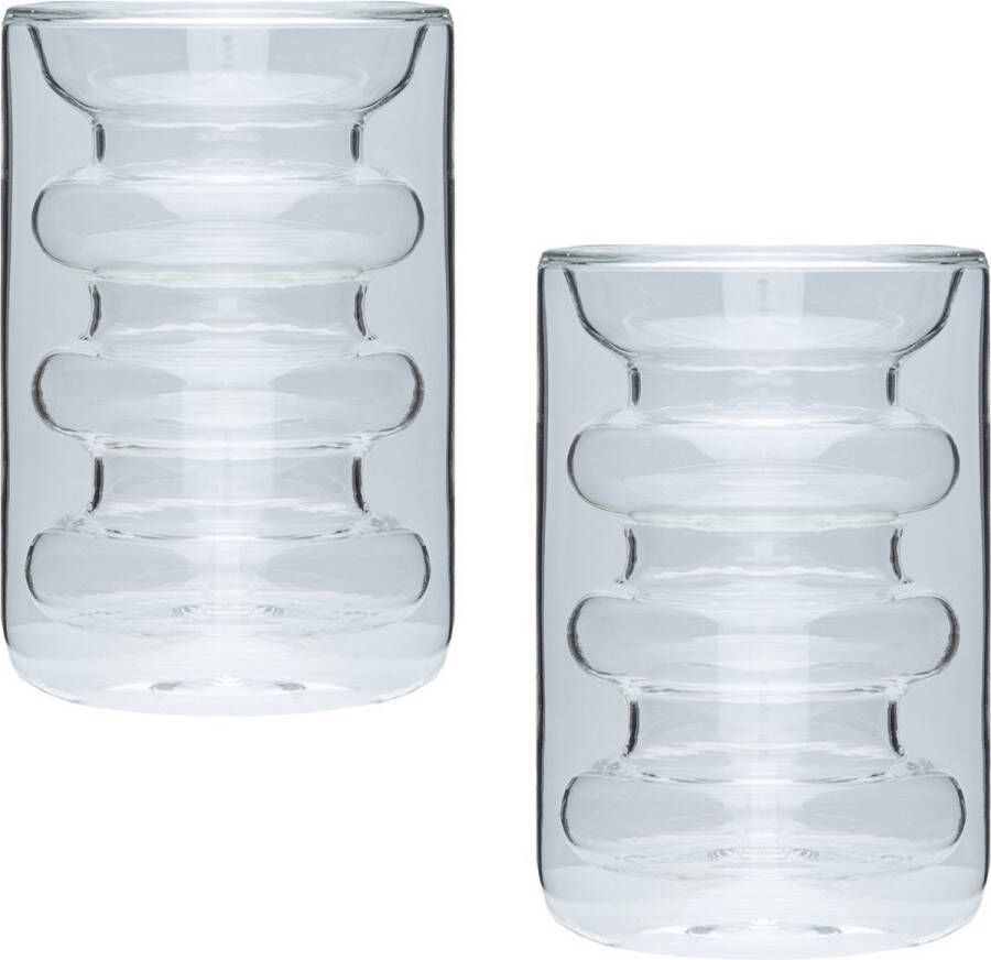 Intirilife 2x Dubbelwandig thermoglas stijl met groeven 190 ml inhoud Mondgeblazen geïsoleerd voor latte macchiato als theeglas of koffieglas met handvat