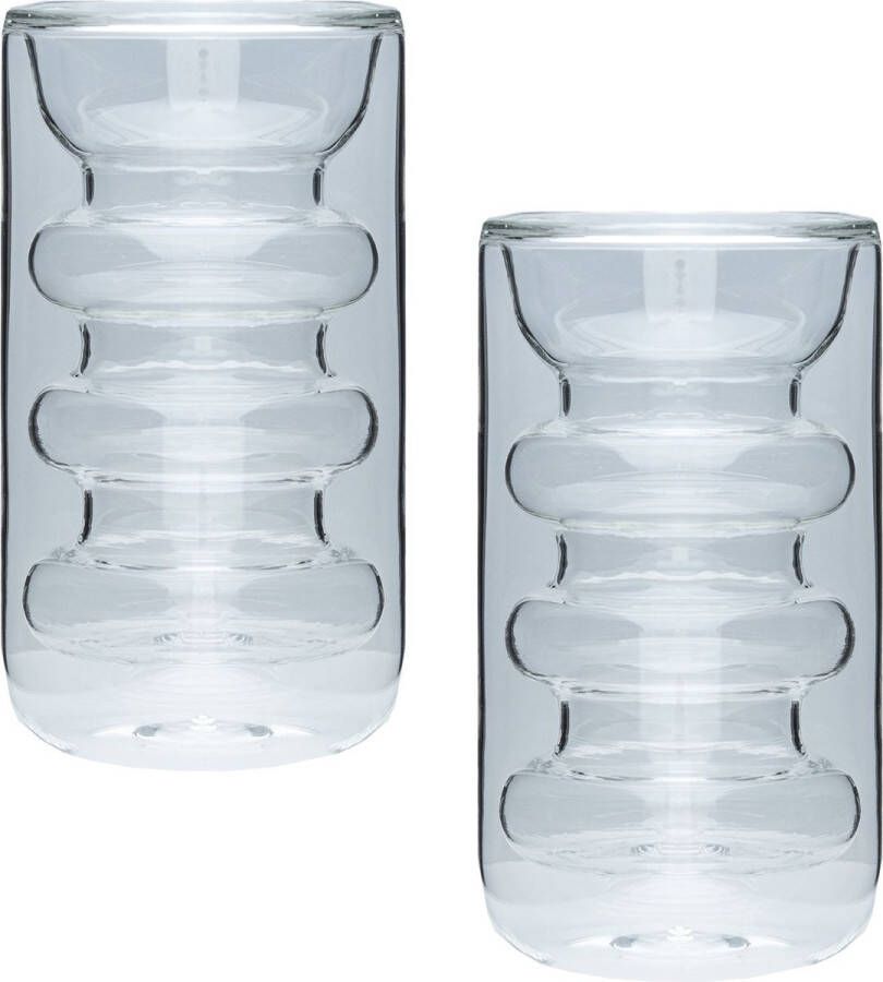 Intirilife 2x Dubbelwandig thermoglas stijl met groeven 260 ml inhoud Mondgeblazen geïsoleerd voor latte macchiato als theeglas of koffieglas met handvat